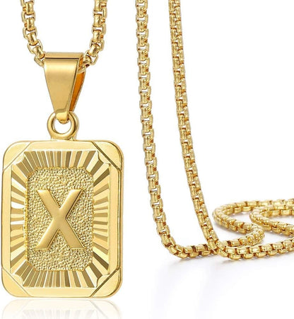 Initial A-Z Letter Pendant Necklace Mens Womens Capital Letter Yellow Gold Plated Stainless Steel Box Chain 22Inch