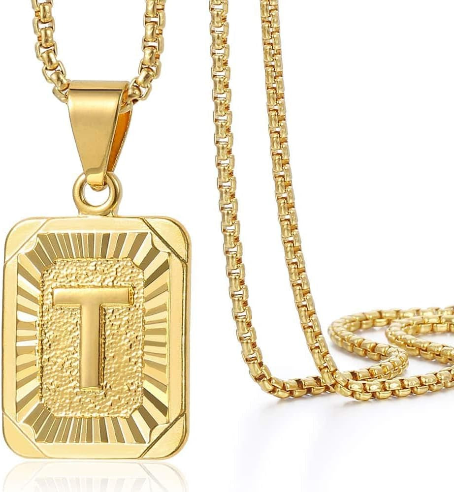 Initial A-Z Letter Pendant Necklace Mens Womens Capital Letter Yellow Gold Plated Stainless Steel Box Chain 22Inch