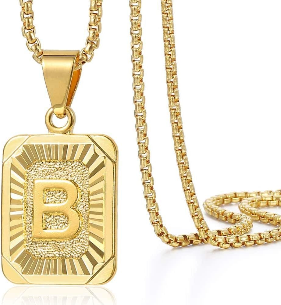 Initial A-Z Letter Pendant Necklace Mens Womens Capital Letter Yellow Gold Plated Stainless Steel Box Chain 22Inch