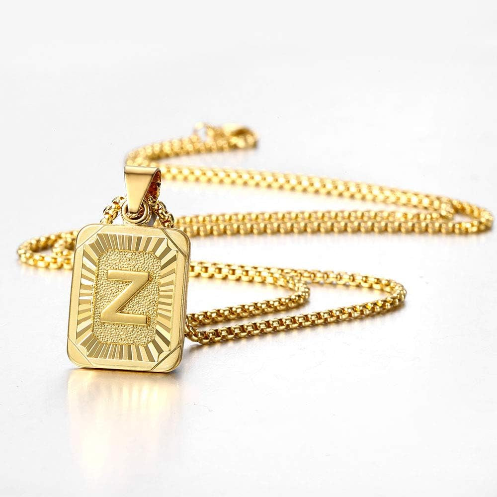 Initial A-Z Letter Pendant Necklace Mens Womens Capital Letter Yellow Gold Plated Stainless Steel Box Chain 22Inch