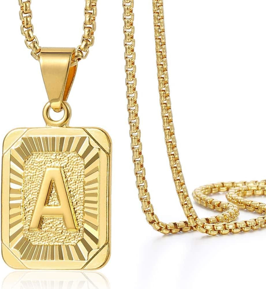 Initial A-Z Letter Pendant Necklace Mens Womens Capital Letter Yellow Gold Plated Stainless Steel Box Chain 22Inch