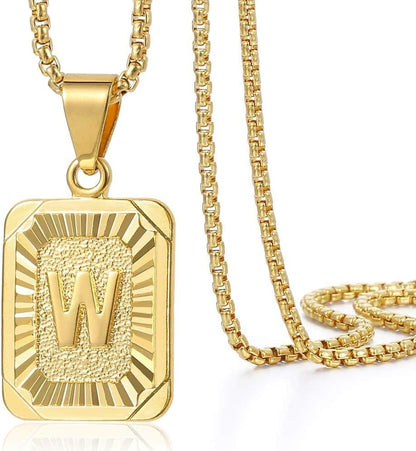 Initial A-Z Letter Pendant Necklace Mens Womens Capital Letter Yellow Gold Plated Stainless Steel Box Chain 22Inch