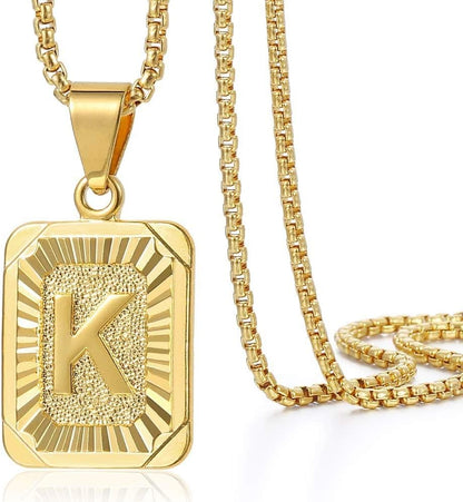 Initial A-Z Letter Pendant Necklace Mens Womens Capital Letter Yellow Gold Plated Stainless Steel Box Chain 22Inch